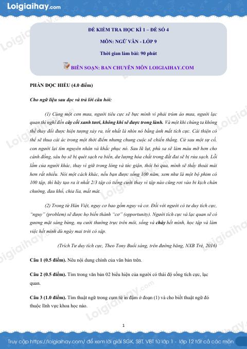 Đề thi học kì 1 Văn 9 - Đề số 4
